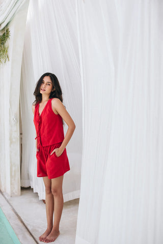 Camile Loungewear Top + Shorts SET – Red