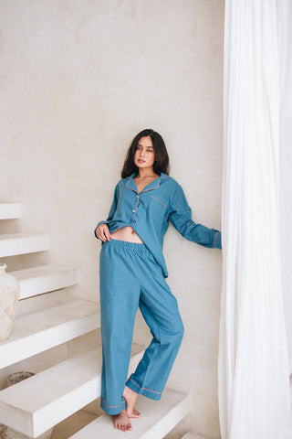Carine Linen Pyjama Long Set – Cerulean