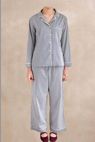 Cecile Pinstripe Cotton Pyjama Long Set – Navy